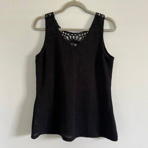 Artisan Crochet Knit Tank Sweater Top V-neck Boho Black L Lightweight